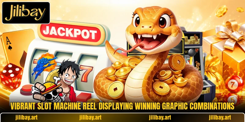 Vibrant slot machine reel displaying winning graphic combinations